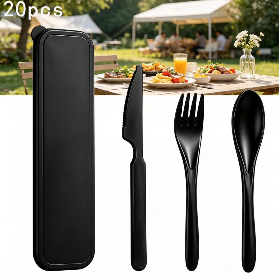 20-piece reusable plastic cutlery set, 3-in-1 camping cutlery set with storage box, includes knife, fork, spoon, and cutlery box