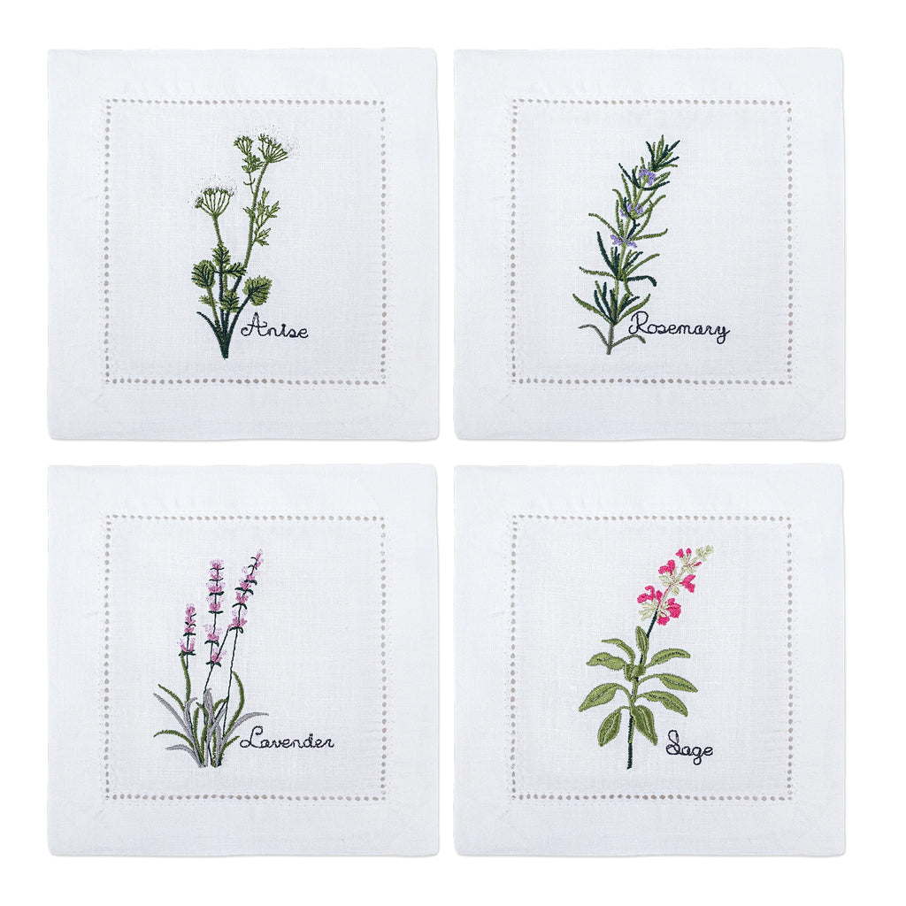 New Embroidered Herb Cocktail Napkin, Pure Linen, Lavender, Rosemary, Mint，Sage，Natural, Elegant, Tea Napkin, 15x15cm,
