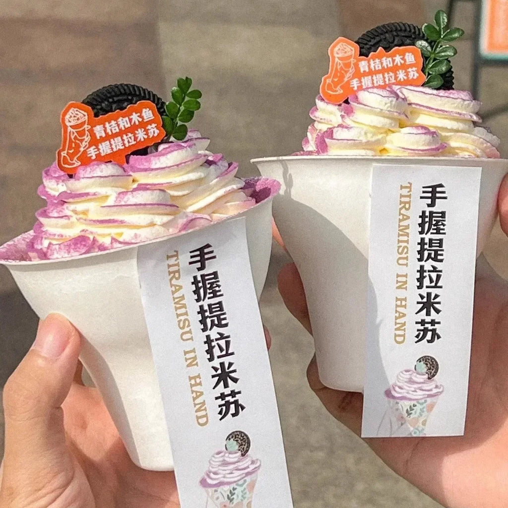 50pcs Disposable Biodegradable Paper Cup 300ml Ice Cream Tiramisu Handheld Cup with Lid White Eco-friendly Dessert Packaging Mug