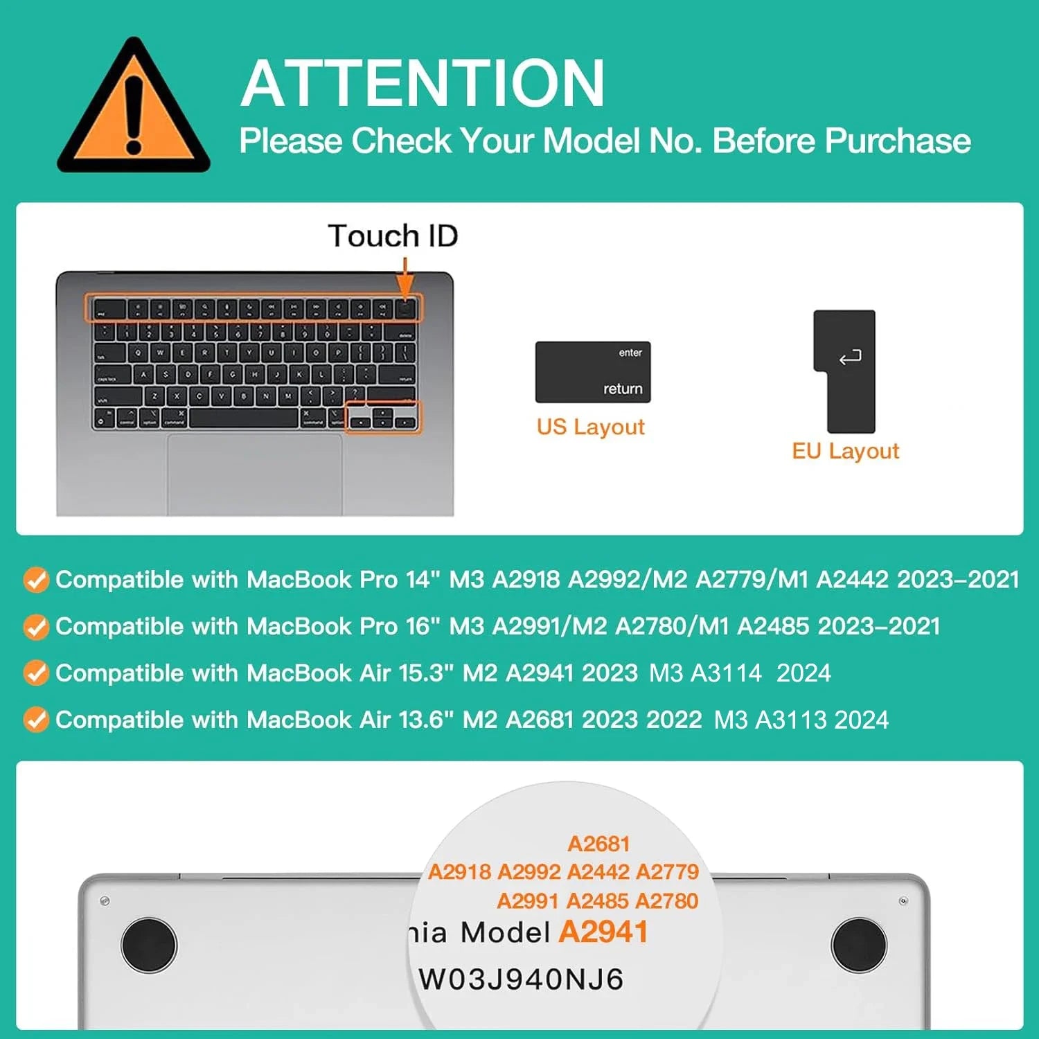 Keyboard Cover for 2022-2024 M4 M3/M2/M1Chip Pro 14"/16" A3401/A2992/A2779/A2991/A3403 MacBook Air 15.3"/13.6" A3113/A3114/A2941