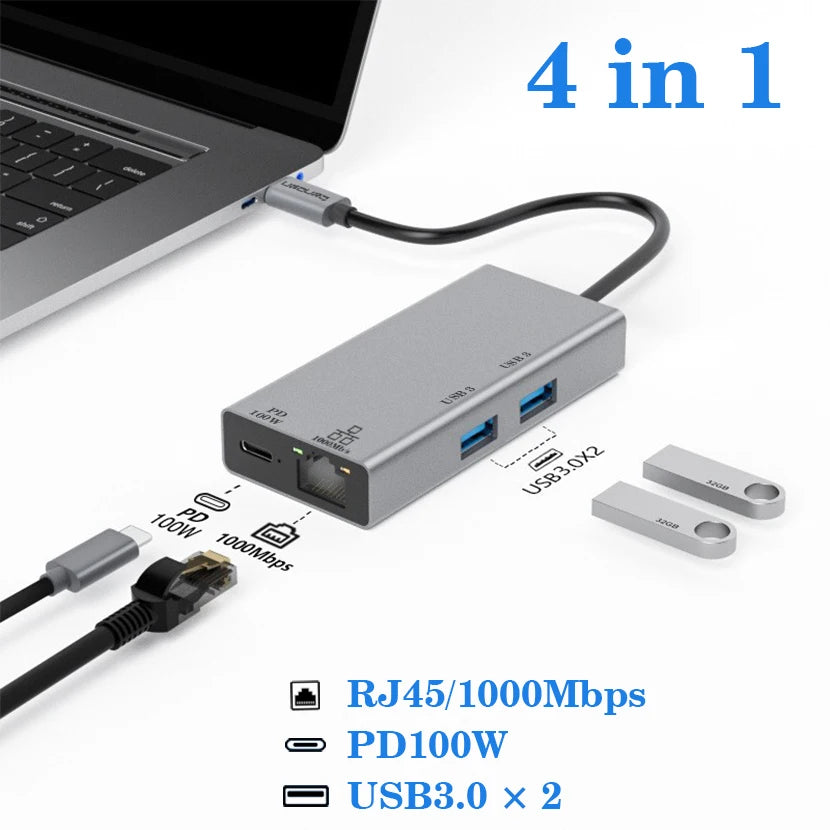 USB C HUB Docking Station Type C to RJ45 1000Mbps Ethernet Adapter USB3.0 HUB Gigabit Network Card 100W Charging Dock Extension