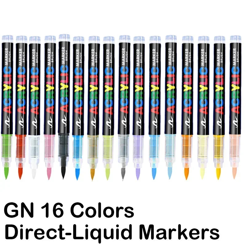 GUANGNA 16 Colors Direct-liquid Acrylic Paint Pens Brush Marker Pen for Rock Painting Stone Ceramic DIY Art Supplies Stationery