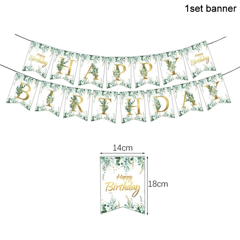 Green Eucalyptus Leaf Disposable Tableware Paper Plate Cup Napkin Banner Kids Adult Happy Birthday Birthday Party Decor Supplies