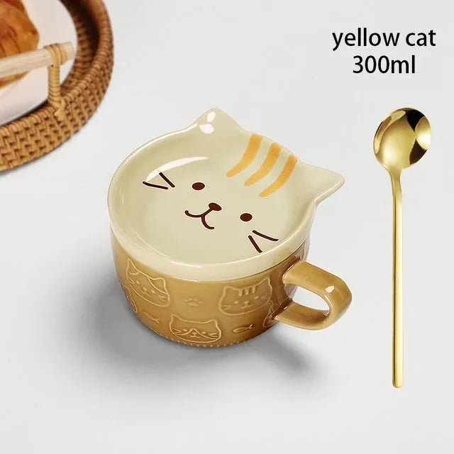 YWDL Japanese Cartoon Cat Coffee Mug With Animal Cat Pattern Lid Small Dish Cute Breakfast Cup Creative Coffee Cup Milk Cup Gift