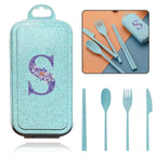 4Pcs Wheat Straw Cutlery Knife Spoon Fork Chopsticks Portable Set Plastic Detachable Dinnerware Purple Flower Letter Pattern