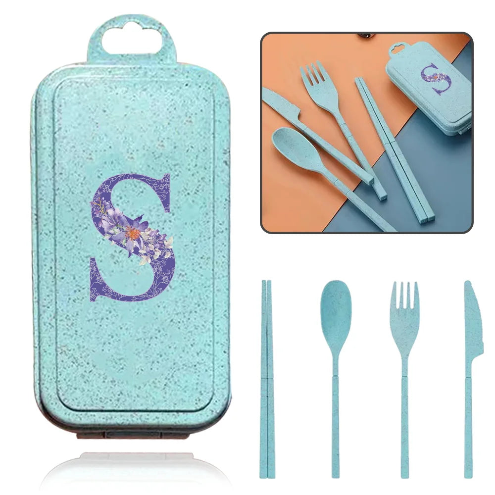 4Pcs Wheat Straw Cutlery Knife Spoon Fork Chopsticks Portable Set Plastic Detachable Dinnerware Purple Flower Letter Pattern