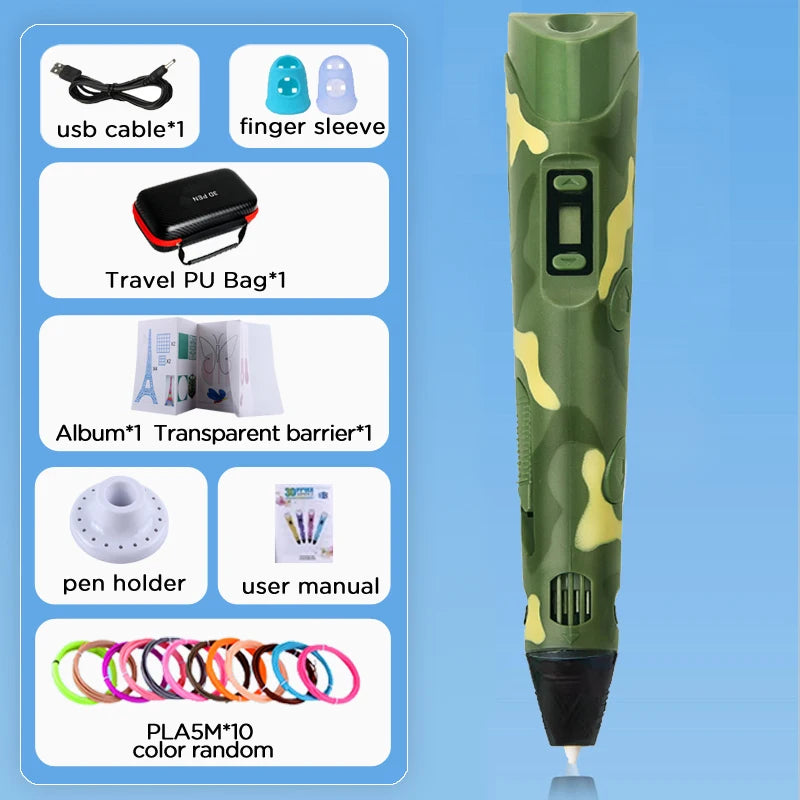 3D Pen With LCD Screen Compatible PLA Filament Toys 3D Drawing Printing Pen for Children DIY Christmas Birthday Gift