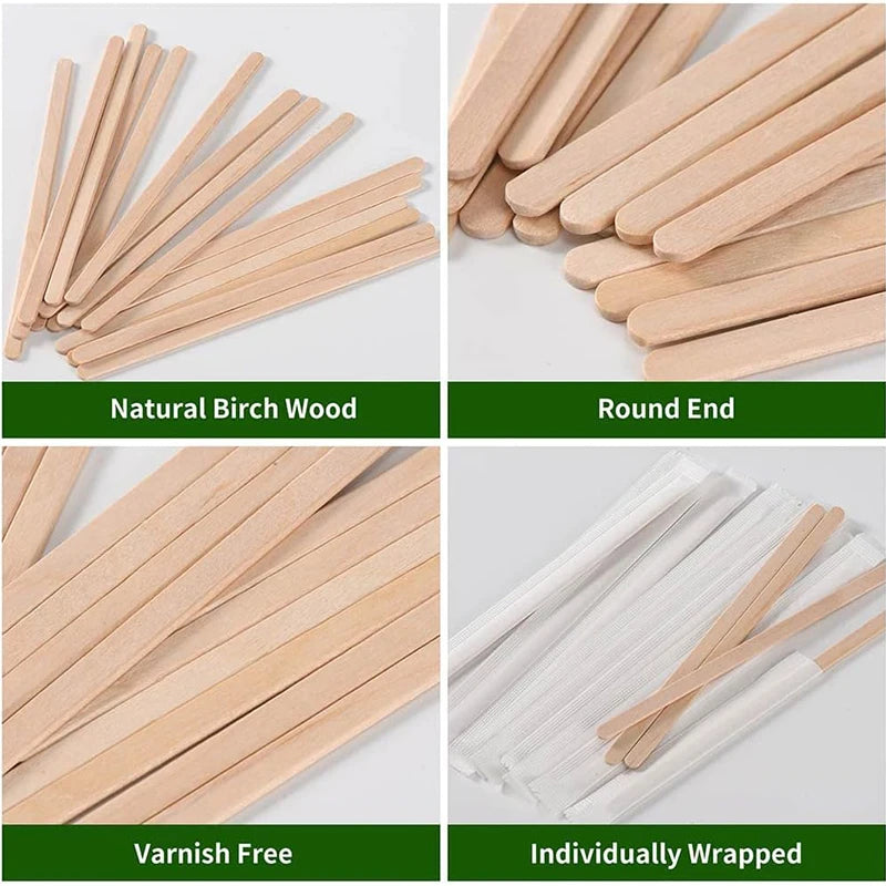 100/200/500Pcs Individually Wrapped Wooden Coffee Stirrers, 5.5-Inch Round End Disposable Stir Sticks for Cocktail & Hot Drinks