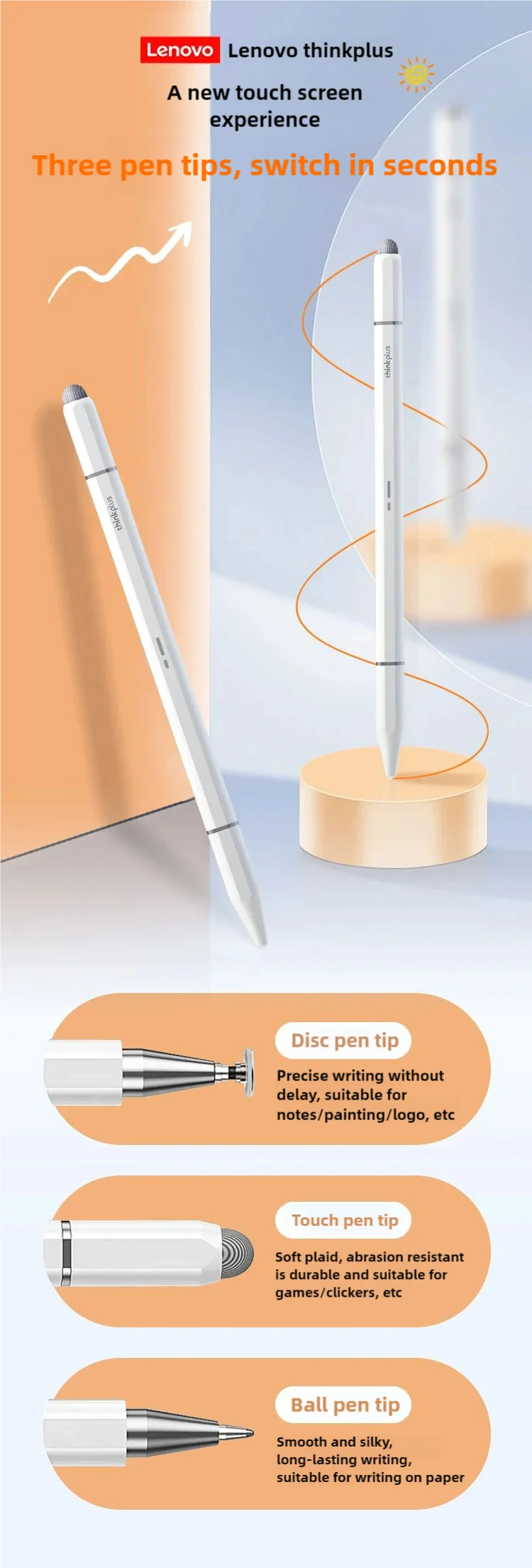 Lenovo Universal BP28 Stylus Pen for Android & iOS Tablets Compatible with iPad Huawei Xiaomi Samsung - Three Tips Included