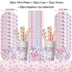 Butterfly Girls Birthday Party Disposable Tableware Fairy Pink Paper Plates Cups Napkin Tablecloth Birthday Party Decorations