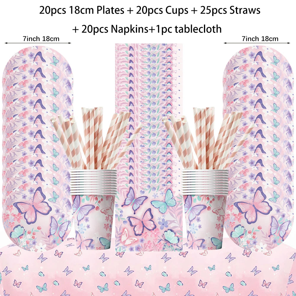 Butterfly Girls Birthday Party Disposable Tableware Fairy Pink Paper Plates Cups Napkin Tablecloth Birthday Party Decorations