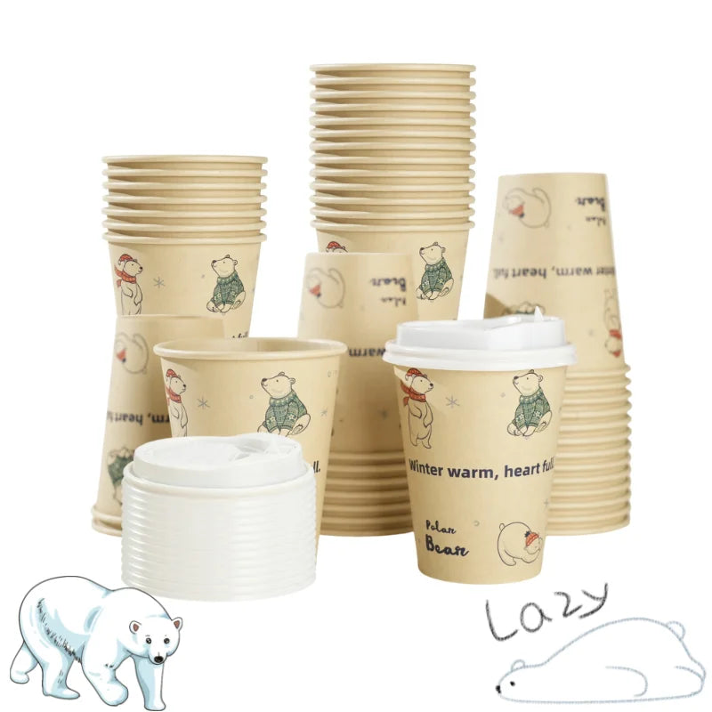 Polar Bear Patterned Disposable Paper Cups Bamboo Pulp Panda Cat Paper Cup Animal Print Coffee Cups with Lid for Home Party Use