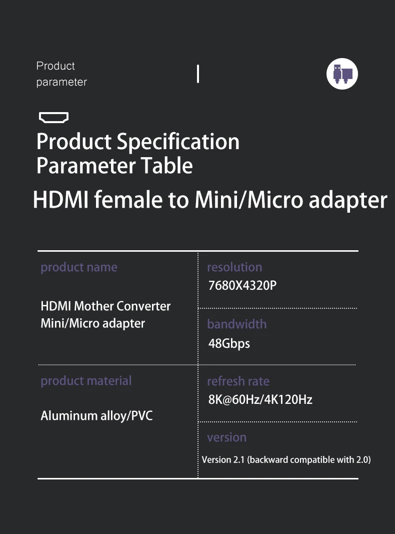NNBILI HDMI2.1 48Gbps 8K@60Hz 4K@120Hz Ultra High-Speed Adapter Mini/Micro HDMI to HDMI Converter for PS5 X/S PC HDTV Projector