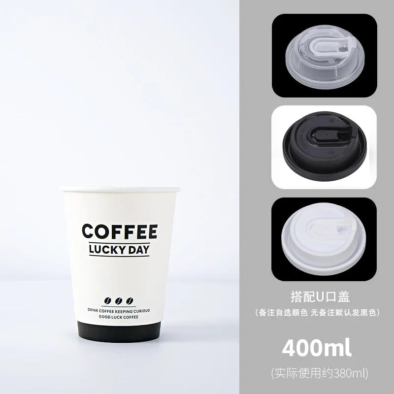 50pcs Thick Double-layer Coffee Paper Cup Disposable 90mm Caliber Hot Drink Leak Proof with Lid Shop Takeaway Paper Cups