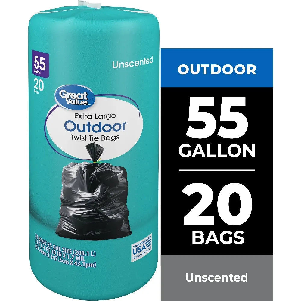 55-Gallon Extra Large Outdoor Twist Tie Trash Bags, Unscented, 20 Bags