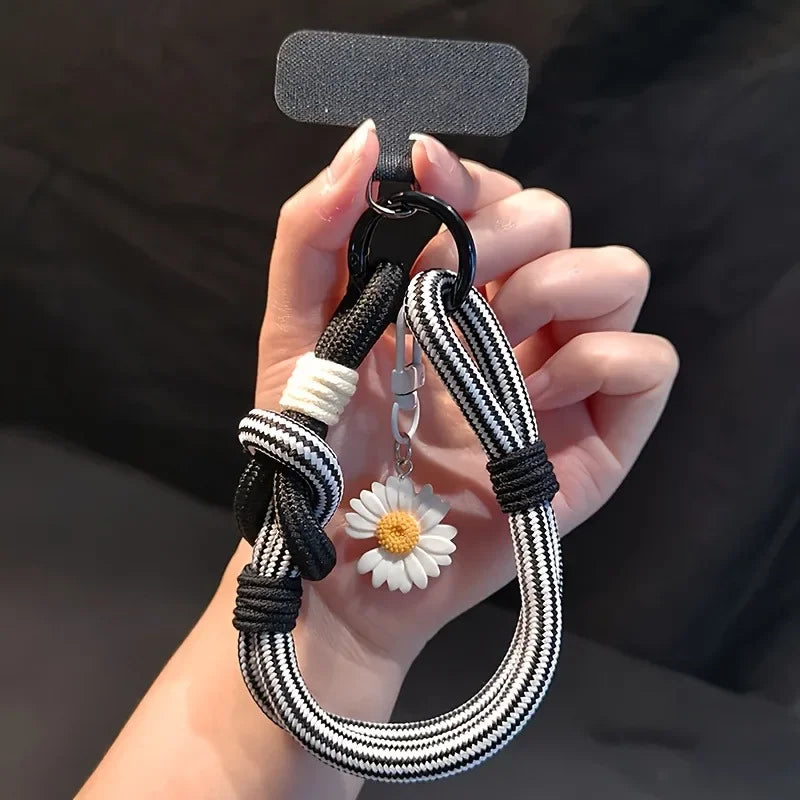 Cute 3D Flowers Adjustable Mobile Phone Universal Lanyard Wrist Strap Hand Pull Short Rope Phone Decorative Pendant Accessories