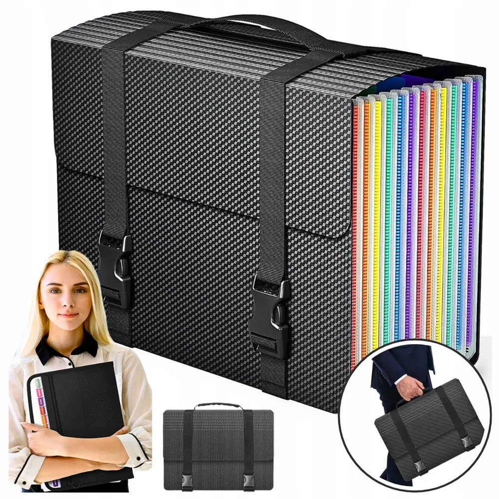 Expandable document folder, 25-pocket accordion-style document organizer with handle, suitable for document organization.