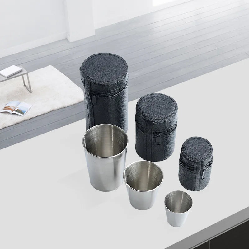 4Pcs Outdoor Practical Travel Stainless Steel Cups Mini Set Glasses For Whisky Wine With Case Portable Drinkware 30ml/70ml/170ml