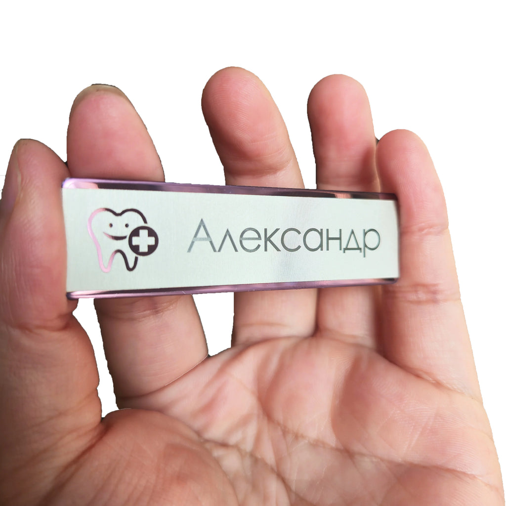 Stainless Steel Custom Name Tag with Pin Clip - Engraved Personalized Work Badge Business Identification Metal ID Name Plate