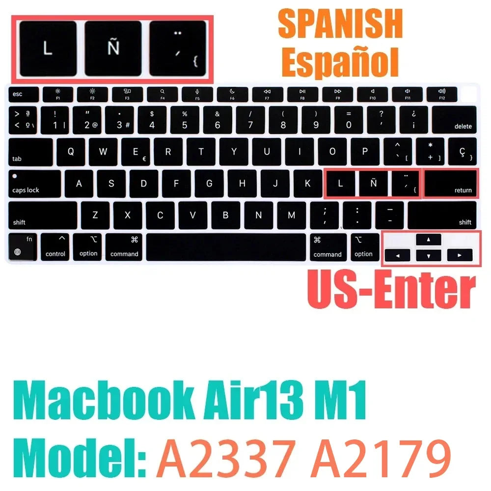 Keyboard Protective Film Silicone for 12-16' MacBook Air/Pro M1 M2 M3 Spanish Keyboard Cover Soft Protection Accessories Black