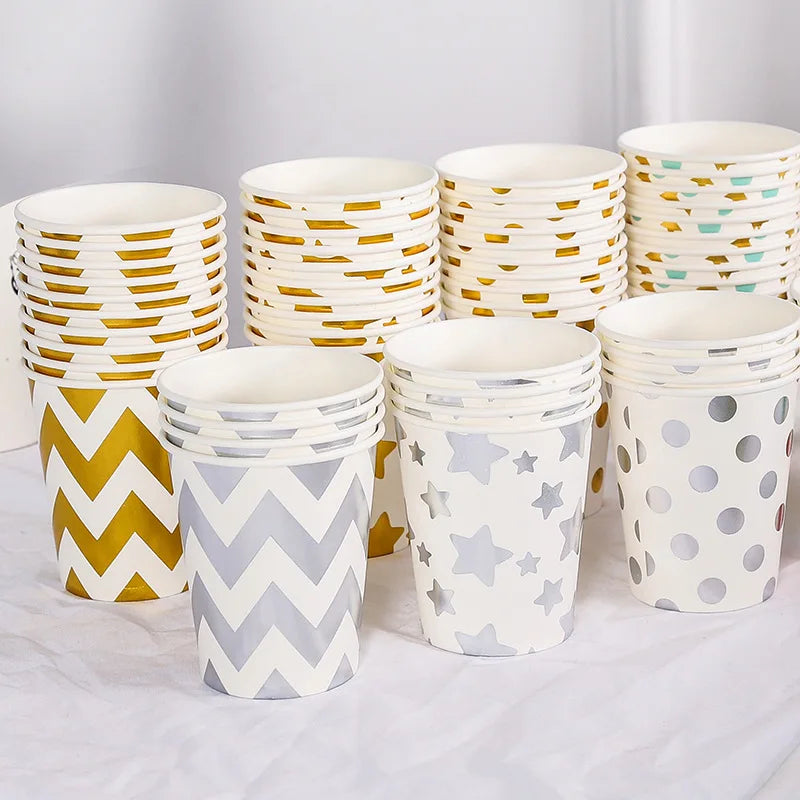 Pink Blue Stripe Dot Disposable Tableware Sets Paper Cups Plate Straws Fork Disposable Sets Wedding Birthday Party Decorations