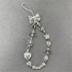 Beaded Phone Chain Charm Lanyard for iPhone Samsung, Cute Baroque White Bow, Flower Charm, Universal Accessories Jewelry Pendant
