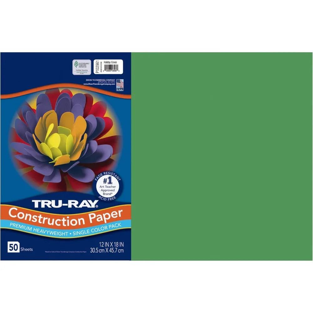 50 Count Holiday Green Construction Paper 12 inch 18 inch, Made of 50% Recycled Materials