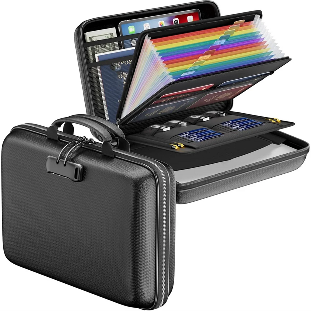 Fireproof File Organizer with Lock, Hard-Shell Case Fireproof Document Box with 13 Accordion File Folder, for Important