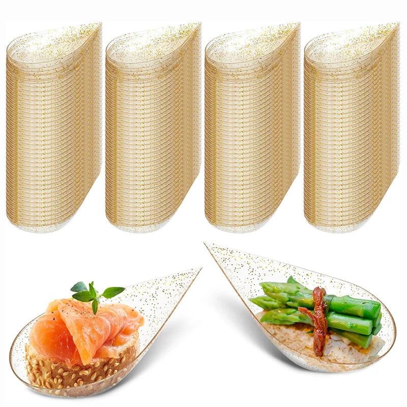 50Pcs Mini Tear Drop Tasting Spoons, Disposable Catering Supplies for Serving Desserts  Appetizer, Clear with Gold Glitter