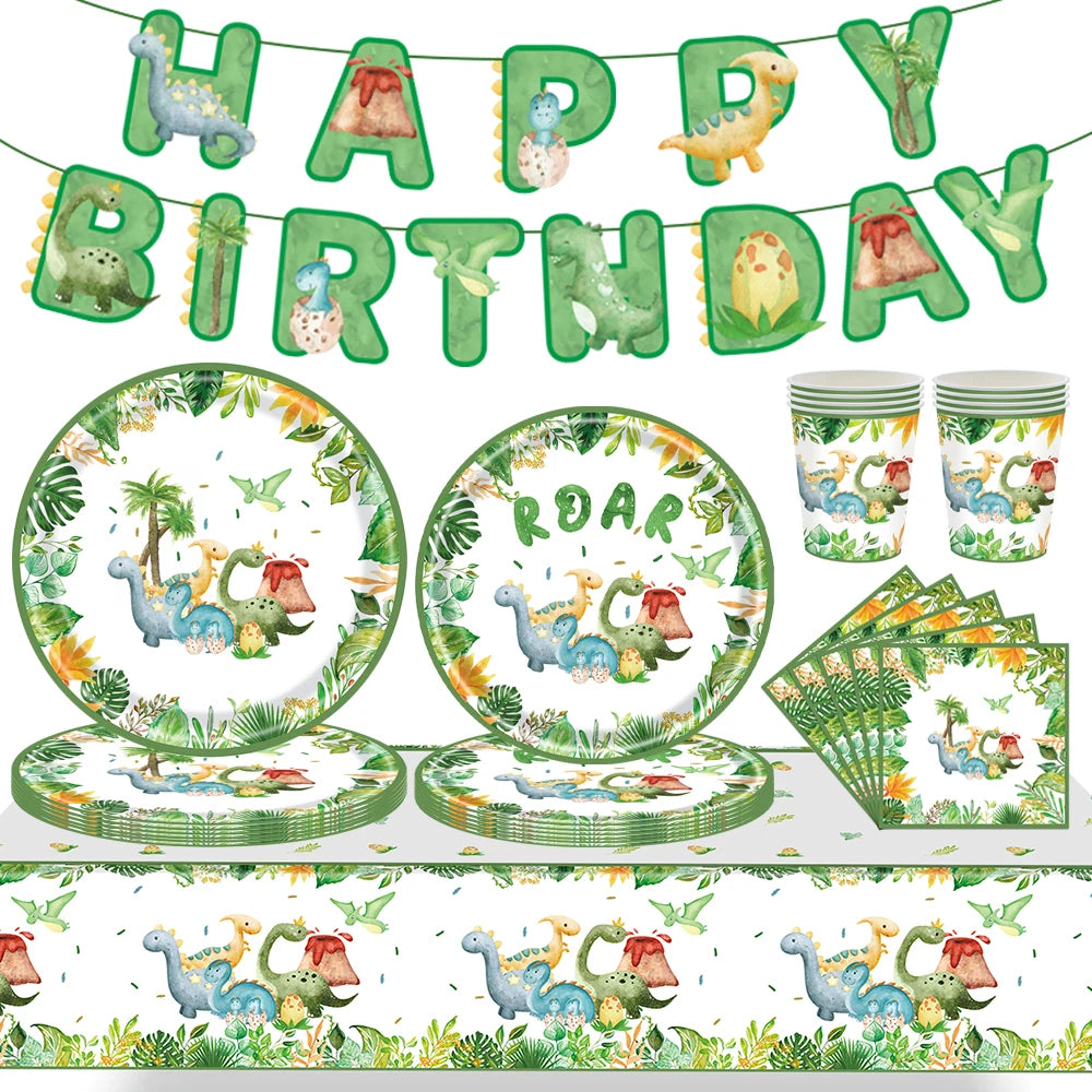 Cartoon Dinosaur Birthday Disposable Tableware Paper Plates Cups Napkin Tablecloth Dinosaur Roar Theme Birthday Party Decoration