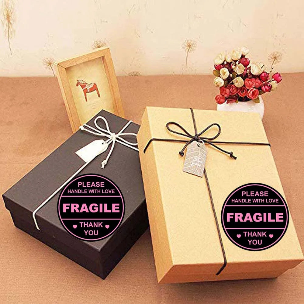 60 PCS 2 inch Pink Round Do Not Crush Bend or Fold Handle with Love Stickers Shipping Mailing Cartons Envelops Adhesive Labels