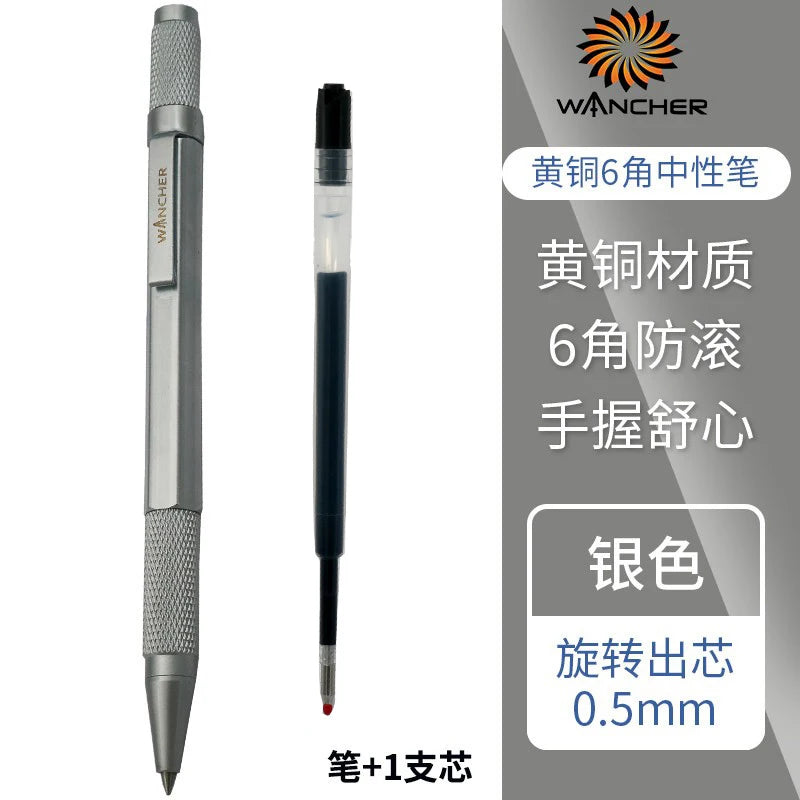 WANCHER Ballpoint Pen Original Hexagon Brass Metal Rotary Black 0.5mm Refill Replaceable W1558 Office School Stationery