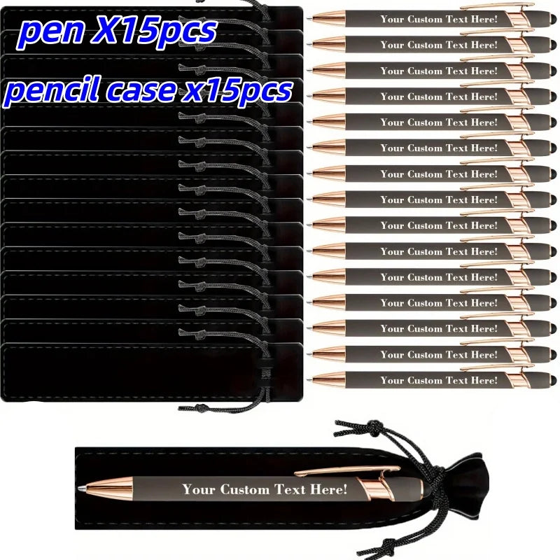 15Sets Customizable Engraved Metal Ballpoint Pens with Durable Case + 15pcs Custom Pen Bags - Bulk Writing Utensils for Business