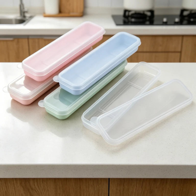 Portable Travel Tableware Storage Box with Transparent Cover Utensil Organizer for Outdoor School Home Dinnerware Kit