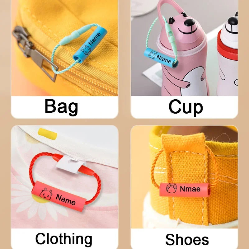 20pcs Baby Shoes Schoolbag Cup Clothes Name Sticker Waterproof Tag Rope Baby Name Ring Children Customized Name Label Pendant