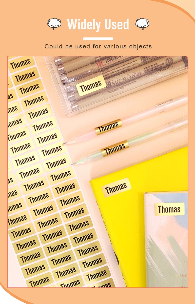 200pcs Personlized First Name Sticker Custom Gold Waterproof Kawaii Decals Tag for Children School Stationery Bottle Label