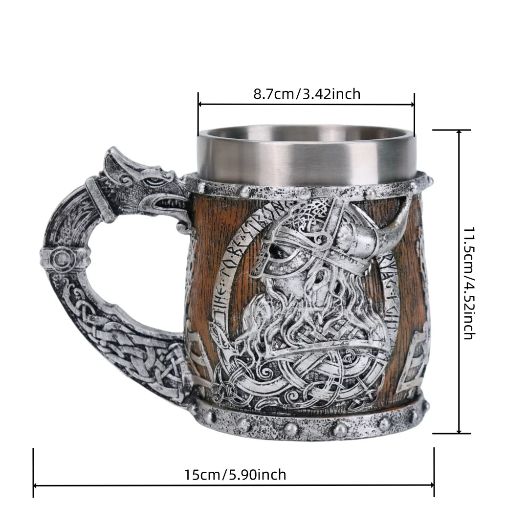 Valhalla Viking Stainless Steel Nordic Viking Barrel Dragon Boat Warrior Horn Skull Beer Mug Tankard Stein Cup 400 ML
