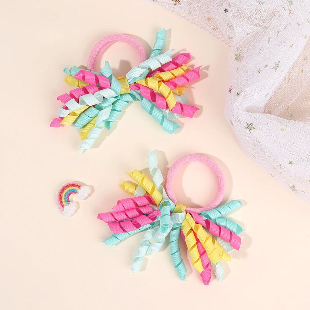 2Pcs Trendy Firework Hair Ties Rainbow Curly Ribbon Elastic Rubber Bands For Girls Kids Cute Hair Ropes Daily Hair Accessories