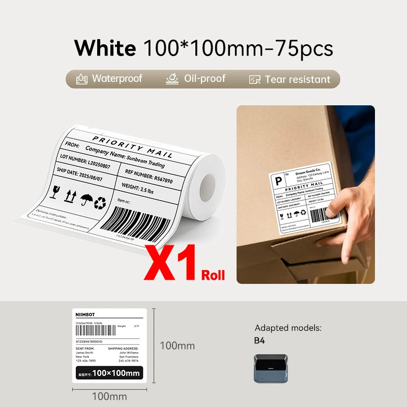 Large Size Labels for Niimbot B4 Portable 4inch Label Printer Shipping Barcode Tag Self-adhesive Stickers for Small Bussiness