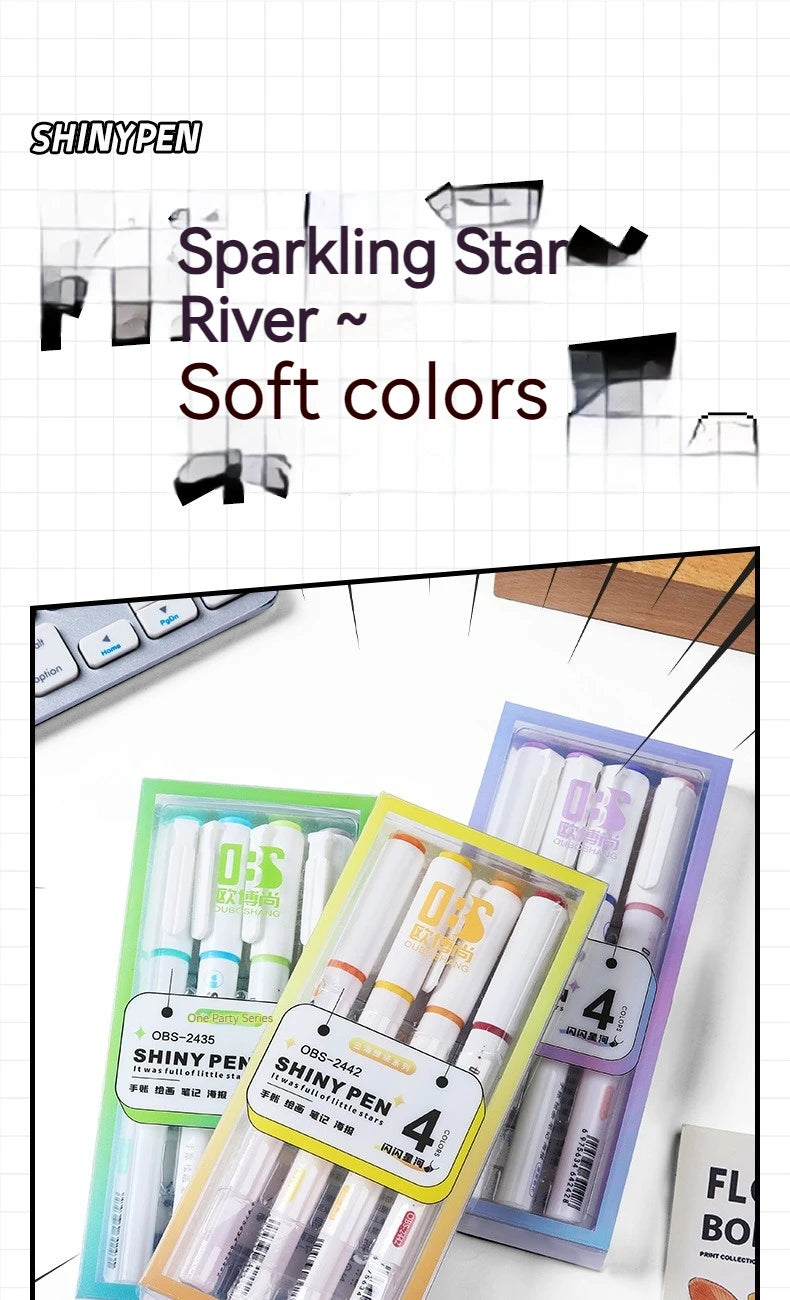 4PCS Sparkling Pink Highlighter Star River Handwritten Pen with High Appearance Value Key Classroom Note Marking Colored Pen