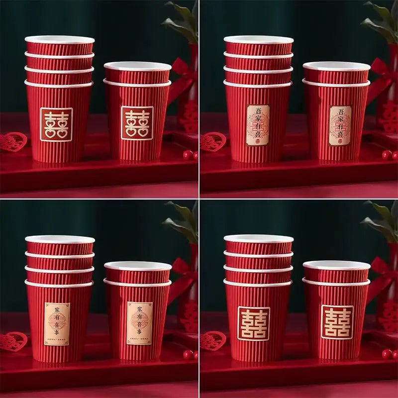 40/60 Pcs Chinese Style Wedding Red Cup Disposable Thicken Chinese Red Wedding Banquet Paper Cup Party Decor Supplies