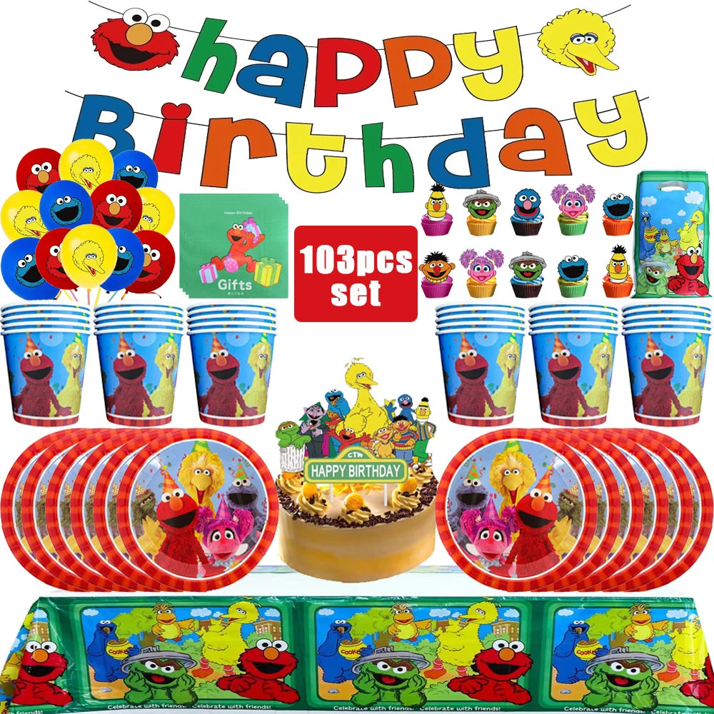 Cartoon SEsame-Streets Birthday Party Set Supplies Kids Disposable Tableware Balloon Cake Topper Banner Plates Decoration
