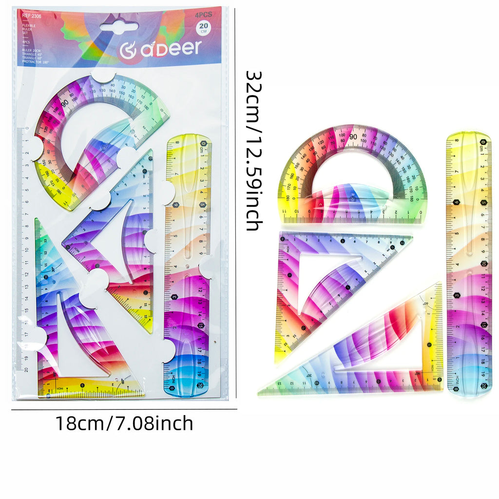 Vibrant Flexible Ruler Set, Straight Ruler, Protractor, 2 Triangles, 20/30cm Straight Ruler, 4 Pcs Soft Ruler Kit