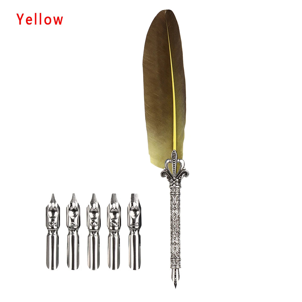 1 Set New Luxury Feather Pen 5 Nib Vintage Quill English Calligraphy Signature Pen European Gift Box Scuba Dive Writing Tools