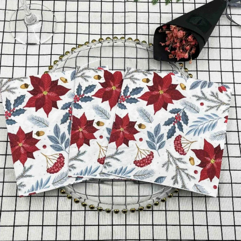 20pcs/Pac Colourful Printed Napkins 2 Ply Featured Christmas Flower Paper Napkins Wood Pulp Paper Party Disposable Placemats