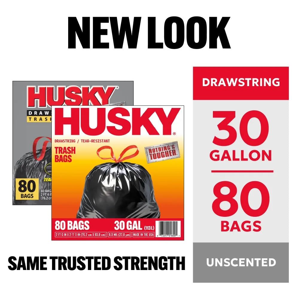 30 Gallon Large Drawstring Trash Bags, 80 Bags Heavy Duty Strong Garbage Bags for Kitchen Home Office, Thick Plastic Cleanup Bags, Easy Tie and Lift