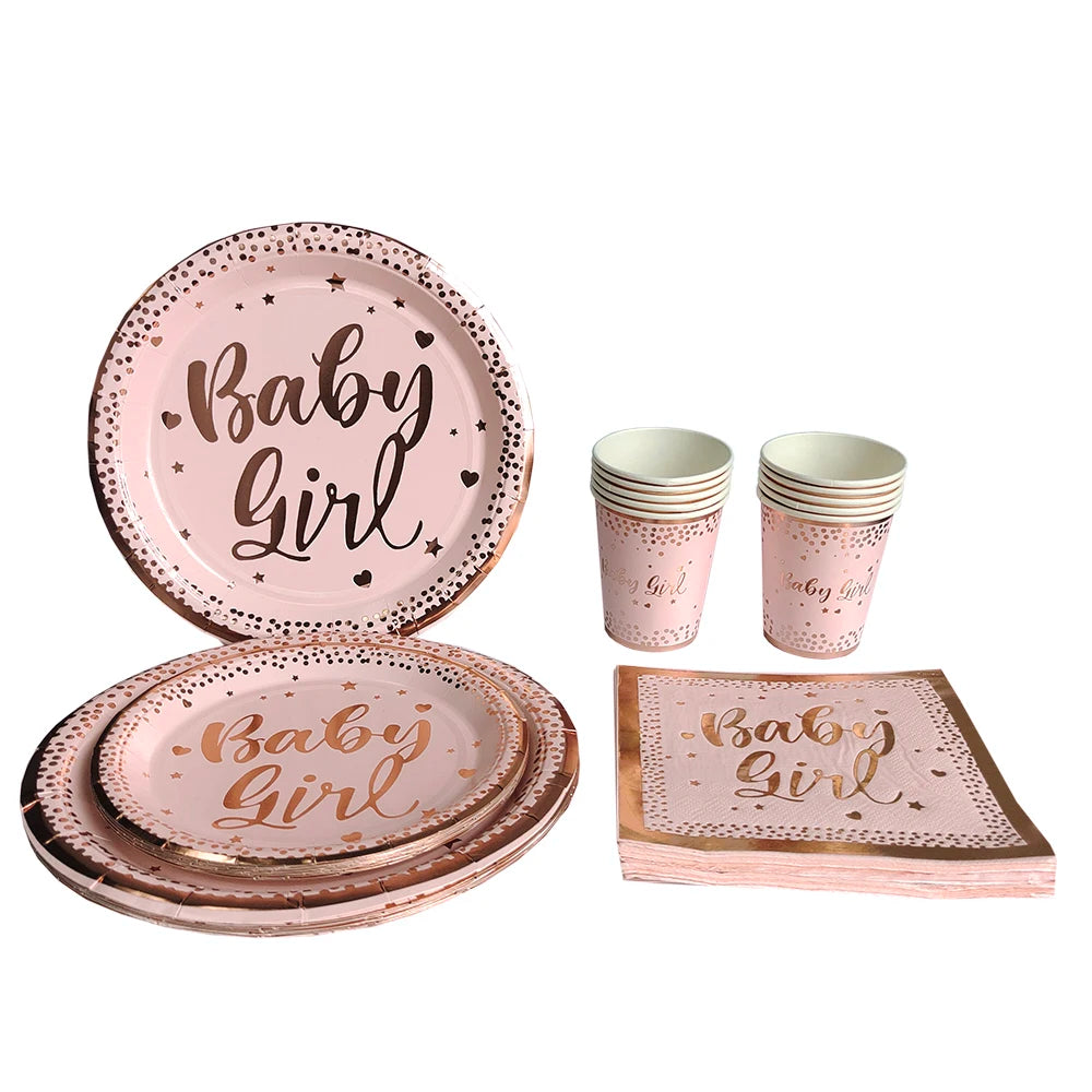 Rose Gold Party Disposable Tableware Set Light Powder Paper Plates Cups Straws Kids Birthday Party Decorations Babyshower Girl
