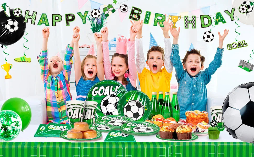 Soccer Party Decorations,113pcs Party Decorations&Tableware Set-Soccer Birthday Banner Balloons Whistle Keychain Plates etc