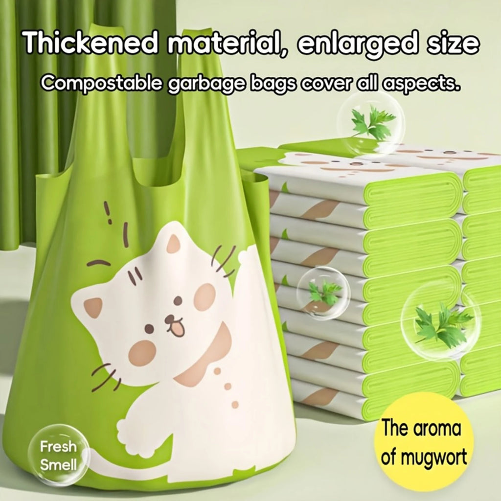 10/60pcs Cute Cat-printed Green Portable Thickened Garbage Bags Household Disposable Trash Bags Bathroom Kitchen Accessories