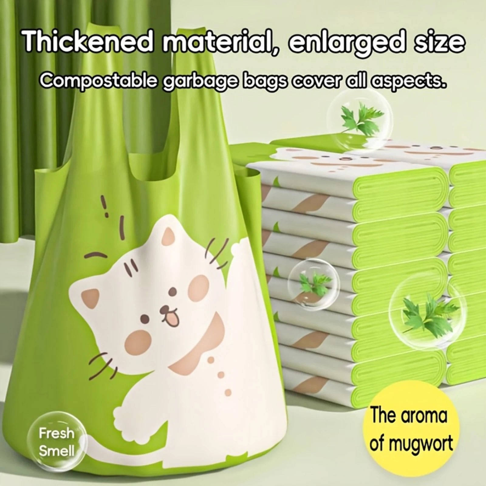 10/60pcs Cute Cat-printed Green Portable Thickened Garbage Bags Household Disposable Trash Bags Bathroom Kitchen Accessories
